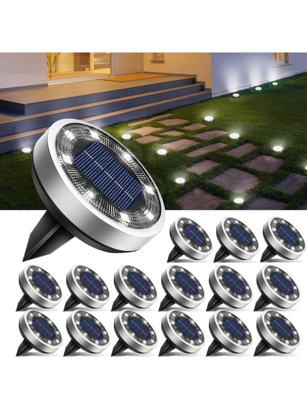 16 Pack Waterproof Solar Ground Lights - 8 LED Outdoor Landscape Lighting